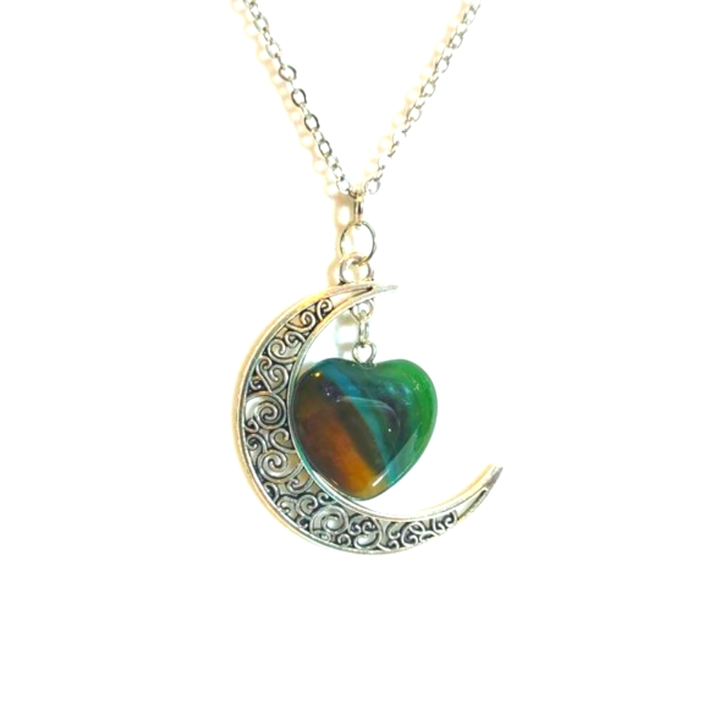 Heart Shaped Green Brown Onyx Agate Tibetan silver Half-Moon Pendant